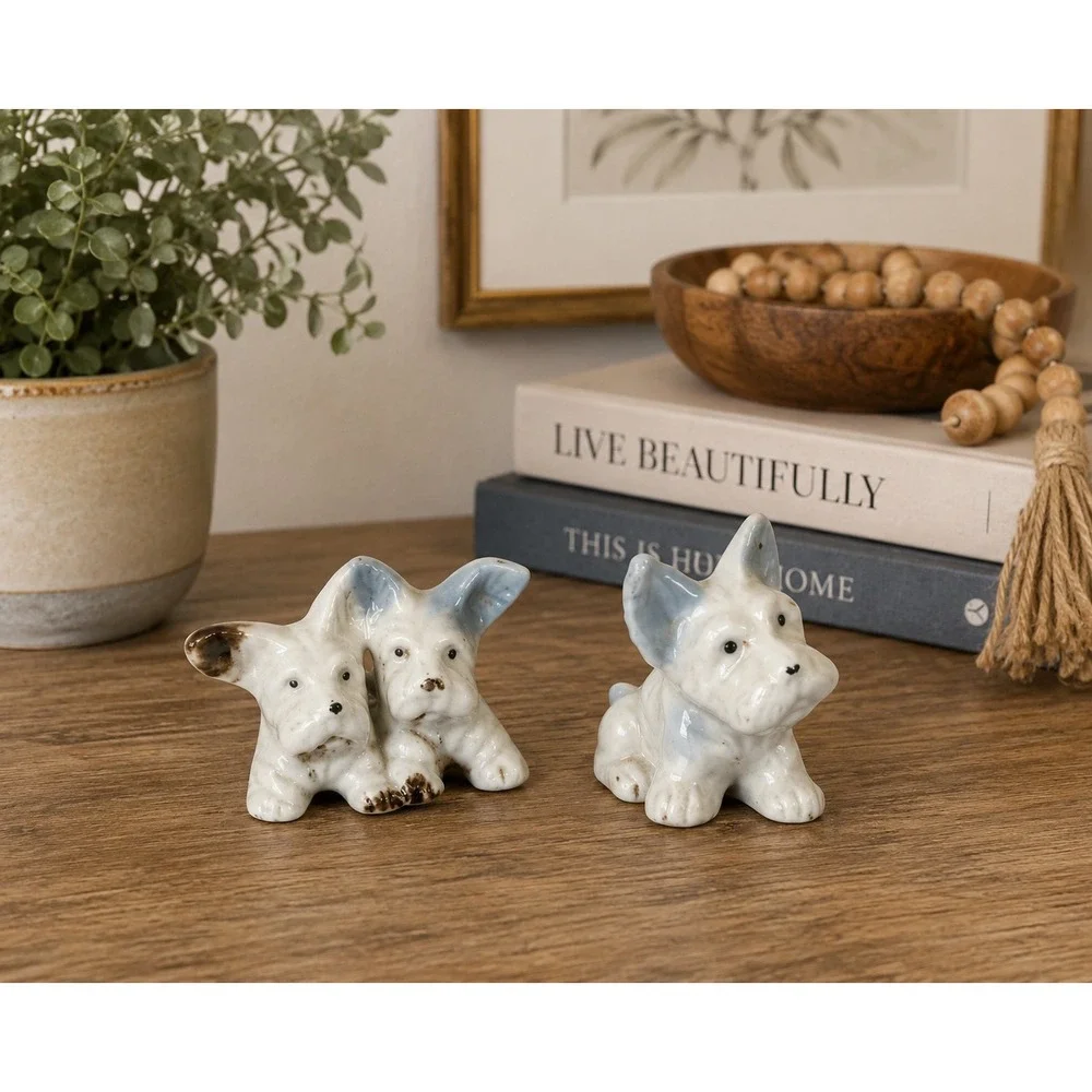 Miniature Ceramic‎ Dog Figurines Pair Gray White Brown 2 Inch
